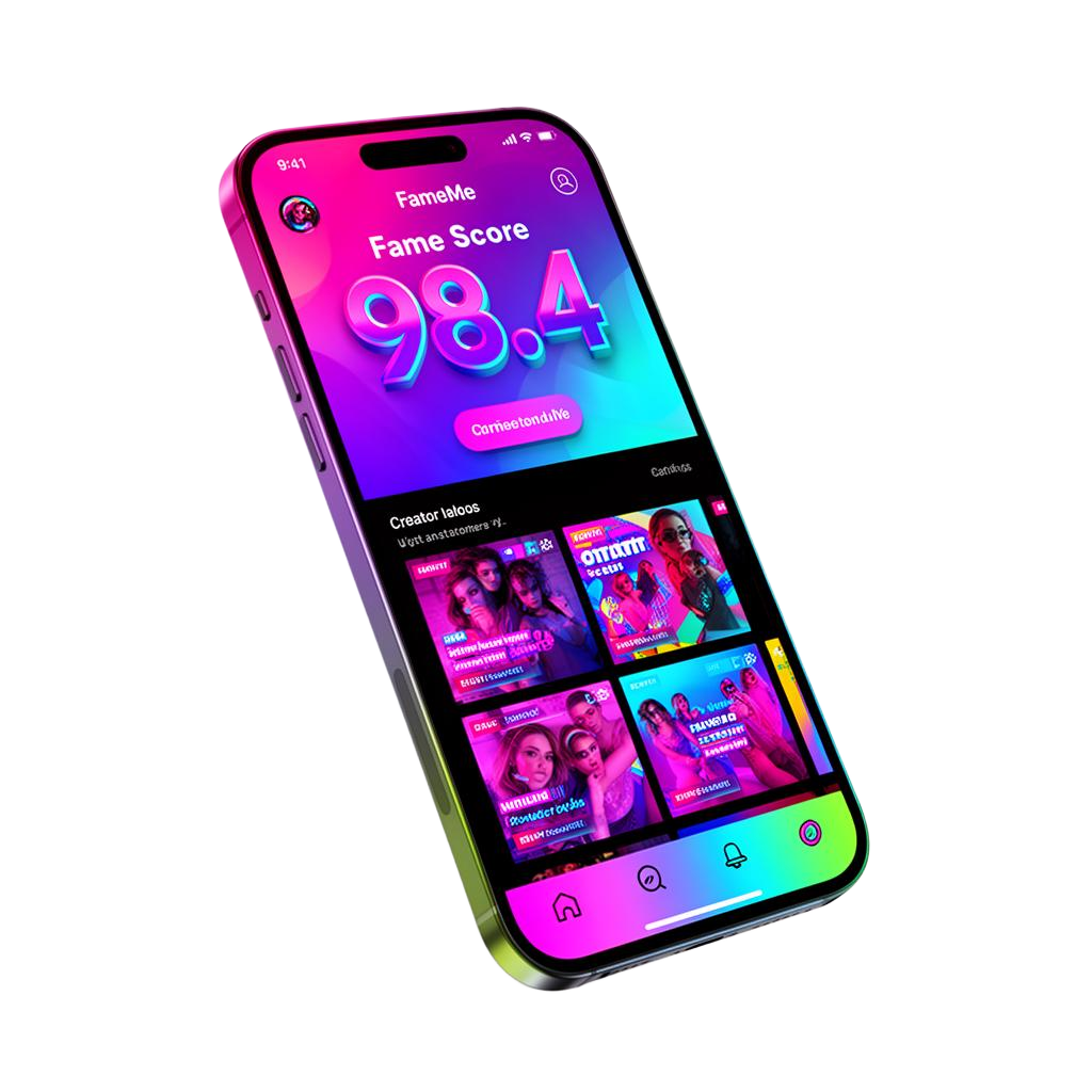 FameMe mobile app showing live Fame Score and creator feed